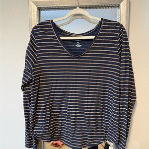 Striped Navy and Tan Long Sleeve Top